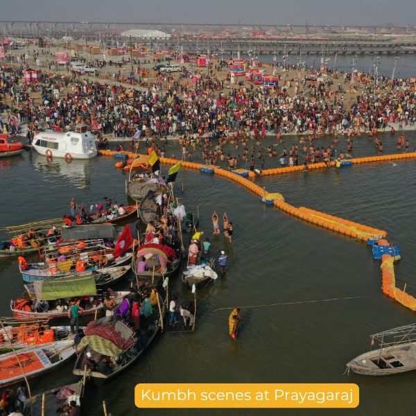 Pilgrims at the holy Triveni Sangam confluence in Prayagraj