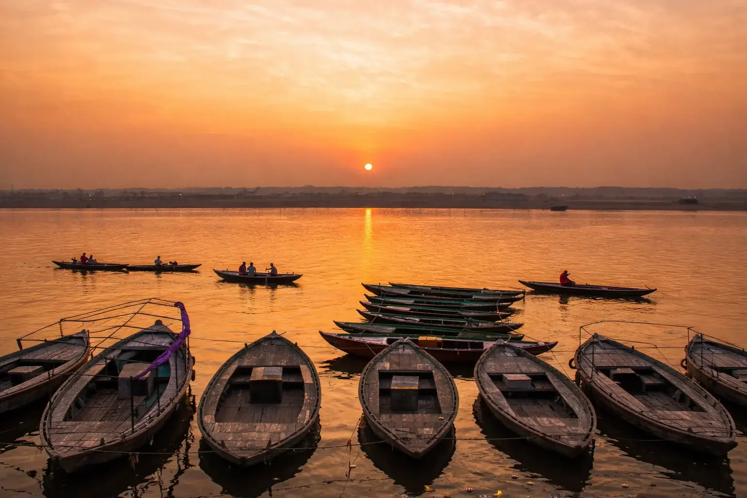 Sacred ghats along the Ganga River in Varanasi at dawn